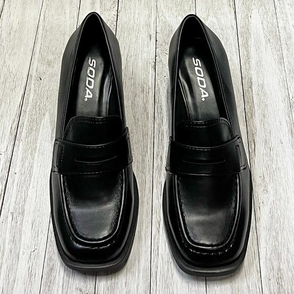 New Black Women Slip On Chunky Heel Penny Loafers - Picture 6 of 7
